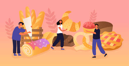 Bakery concept with tiny people bakingのイラスト素材