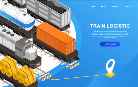 Railroad transportation concept with different types of rail freight wagons. 3d isometric vector illustration. Web page, website or landing page template.のイラスト素材
