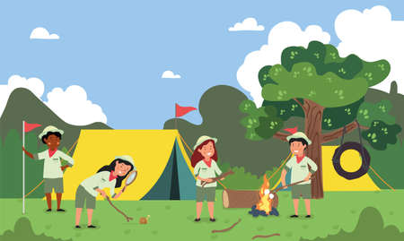 Summer landscape with kidsのイラスト素材