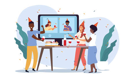 Online party, birthday, holiday celebrating conceptのイラスト素材