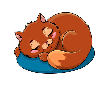 Adorable little cartoon cat asleep on a cushionのイラスト素材