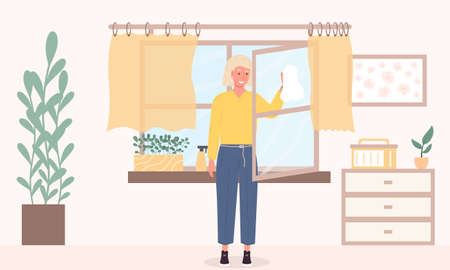 A woman, housewife or housekeeper washes windowsのイラスト素材