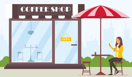 Drinking coffee near coffee shopのイラスト素材