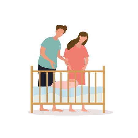 Parents put their baby to baby cribのイラスト素材