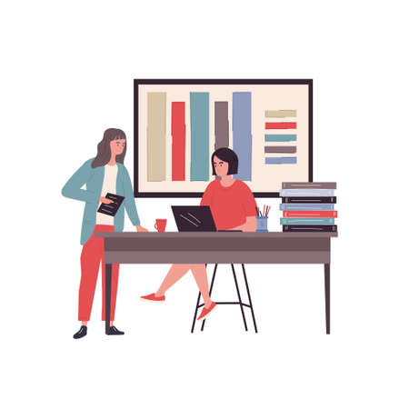 Two girls in the office are discussing business. Flat cartoon vector illustration with fictional characters isolated on white background.のイラスト素材