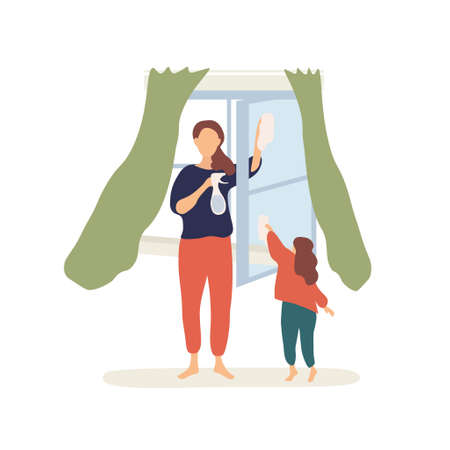Woman with child washing windowsのイラスト素材
