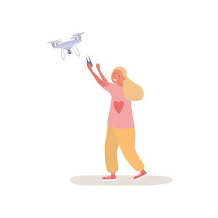 Girl playing with quadcopterのイラスト素材