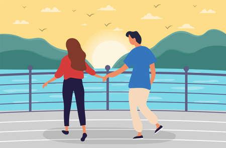 Young couple walking together on sea promenadeのイラスト素材