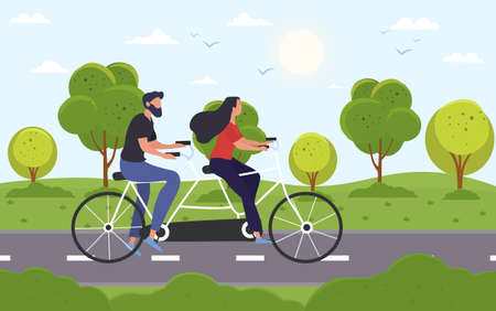 Young couple riding on bicycle on asphalt roadのイラスト素材