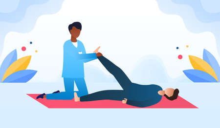 Disabled man at orthopedic rehabilitation therapy at clinic. Masseur massaging the patients leg lying on the carpet. Concept of disabled rehabilitation, physiotherapy. Flat catoon vector illustrationのイラスト素材