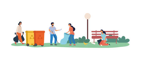 Volunteers Cleaning Green City Park from Garbageのイラスト素材