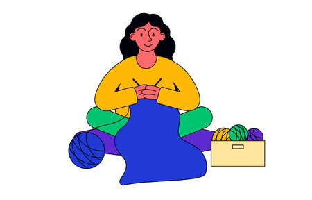 Girl knitting at homeのイラスト素材