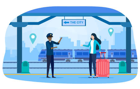 Woman and railway employee on railway stationのイラスト素材