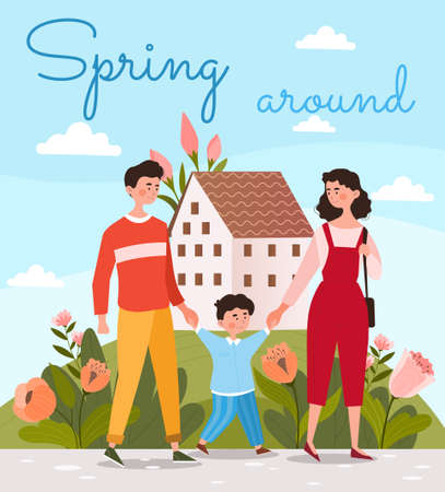 Happy family walking together at spring seasonのイラスト素材