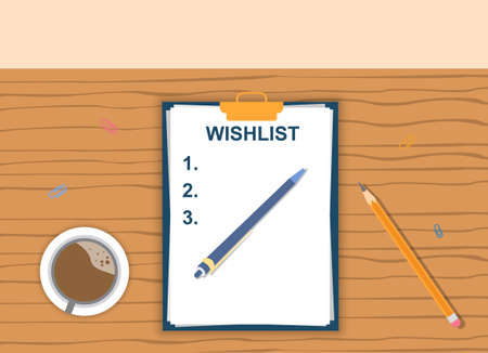 Wishlist on a wooden table in a clipboardのイラスト素材