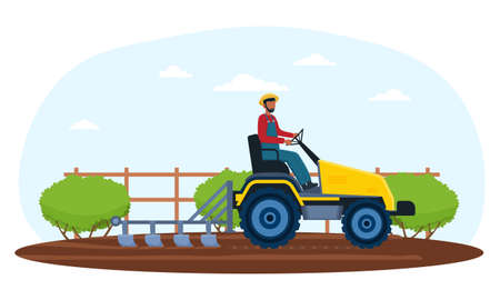 Farmer driving tractor and ploughingのイラスト素材