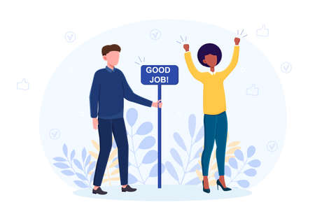 Man and woman standing near sign good jobのイラスト素材