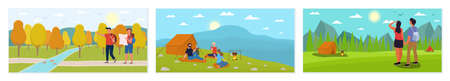 Set of scenes with friends hiking in forestのイラスト素材