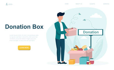 Man filling cardboard donation box with foodのイラスト素材