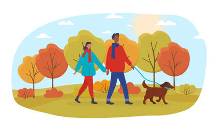 Couple with dog in autumn parkのイラスト素材
