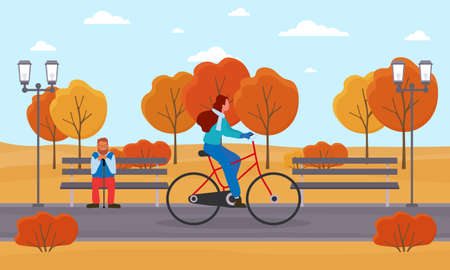 Young woman riding on bicycle in a parkのイラスト素材