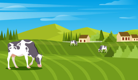 Rural landscape with field, trees, grass and cowsのイラスト素材