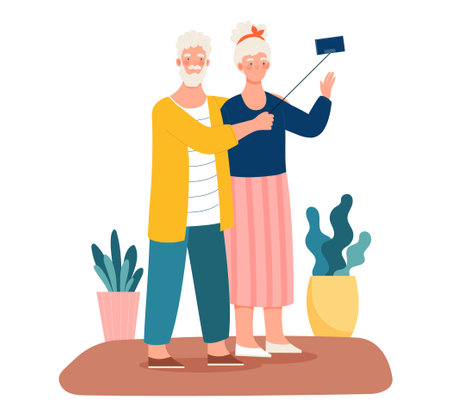 Elderly couple take selfie on smartphoneのイラスト素材