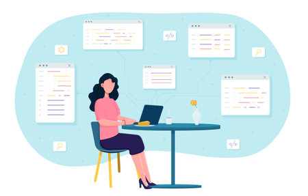 Female programmer working on web development using laptopのイラスト素材