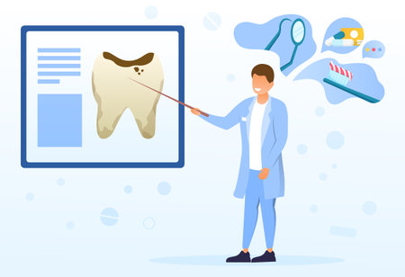 Male dentist showing cariesのイラスト素材