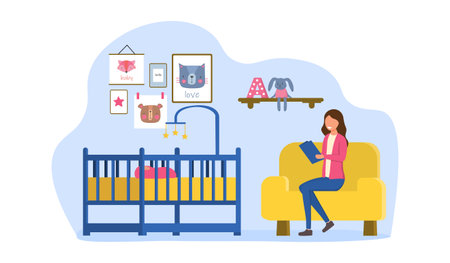 Female babysitter sitting in armchair and reads book for babyのイラスト素材