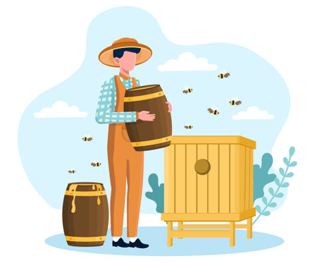 Male beekeeper at the apiary holding barrel with honeyのイラスト素材