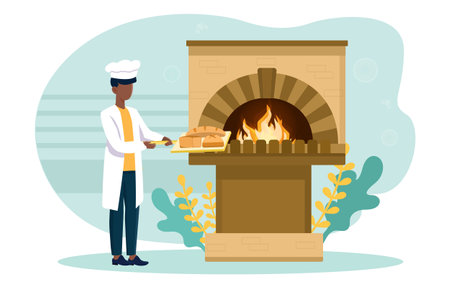 Male character cook puts bread in the ovenのイラスト素材