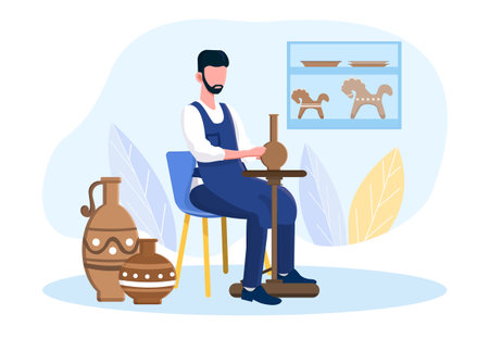 Professional male potter master is sitting on a chair making a vase in a workshopのイラスト素材