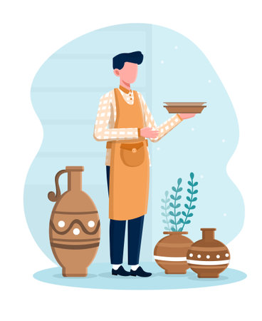Professional male potter master standing and holding plates he made in a workshopのイラスト素材