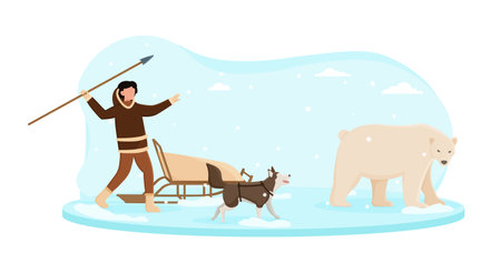 Eskimo wearing traditional clothes hunting on white bear with a spareのイラスト素材