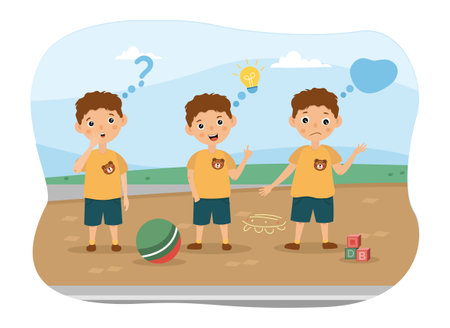 Three young boys standing outdoors thinkingのイラスト素材