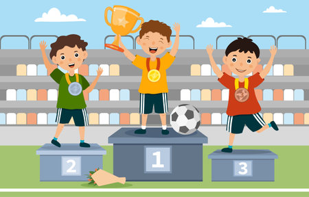 Three young boys on the winners podiumのイラスト素材