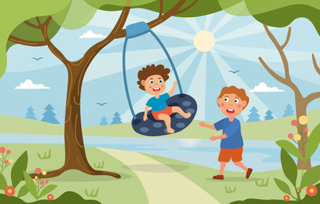 Young children playing on a swing in the parkのイラスト素材