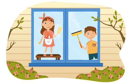 Two young kids washing windows illustrationのイラスト素材