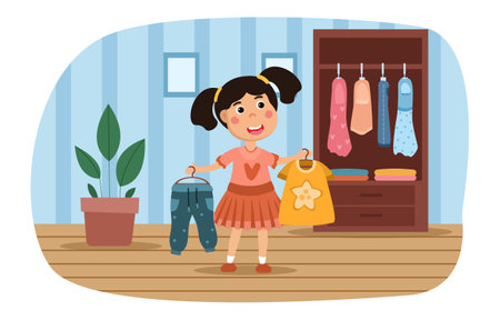 Young girl choosing an outfit of clothesのイラスト素材