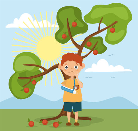 Young boy with a broken arm standing outdoorsのイラスト素材