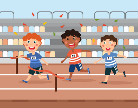 Three young boys competing in a running raceのイラスト素材