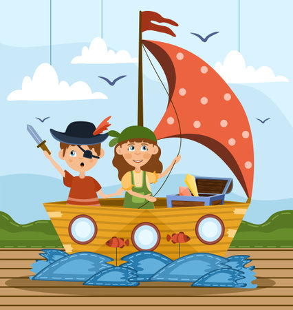 Two young children playing at being pirates illustrationのイラスト素材