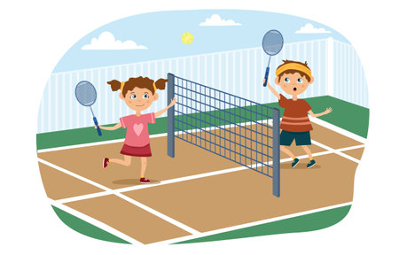 Young boy and girl playing a game of tennis illustrationのイラスト素材
