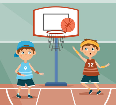 Two young children playing basketball illustrationのイラスト素材