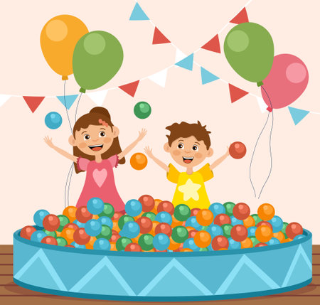 Children playing with balls at a fairground illustrationのイラスト素材