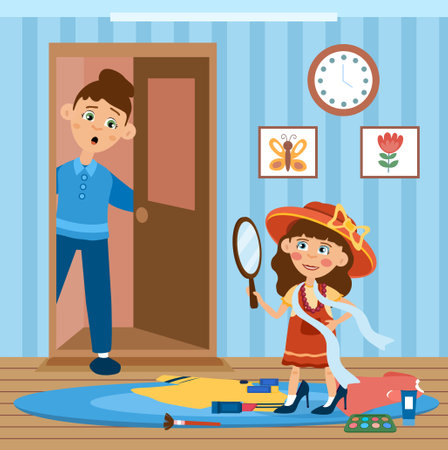 Little girl playing with Mothers cosmetics illustrationのイラスト素材