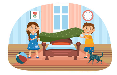 Children Make the bed illustrationのイラスト素材