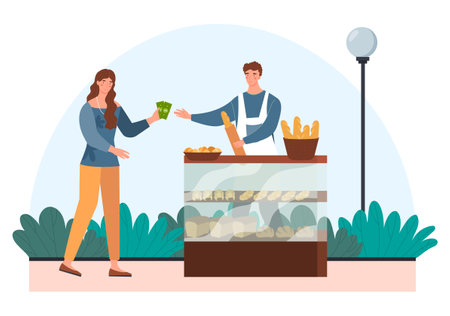 Female character is buying fresh loaf of bread at the stallのイラスト素材