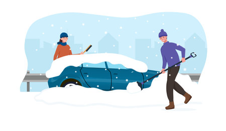 Male and female characters cleaning car from snowのイラスト素材
